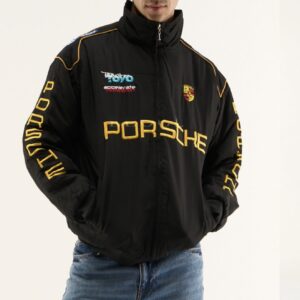 Chaqueta Racing Detalle bordado Porsche vertical en manga chaqueta negra